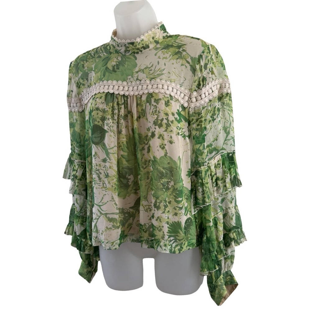 Hope For Flowers By Tracy Reese Angelina Peasant Blouse Womens 10 Green Silk - Picture 11 of 16